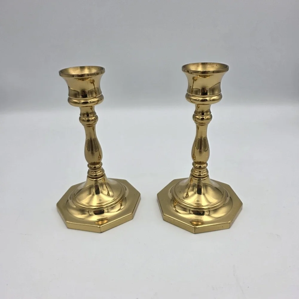 Vintage Octagon Base Pair Of Candlesticks  Polished Brass 5